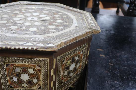 An Ottoman mother of pearl tortoiseshell and bone inlaid table W.53cm